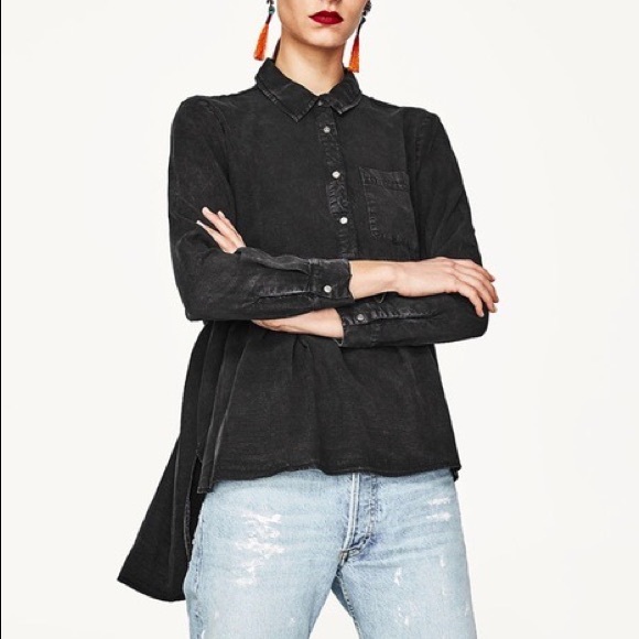 ZARA Premium Collection Denim Babydoll Shirt Blouse Top Blue Purple Gray S-M - Picture 3 of 5